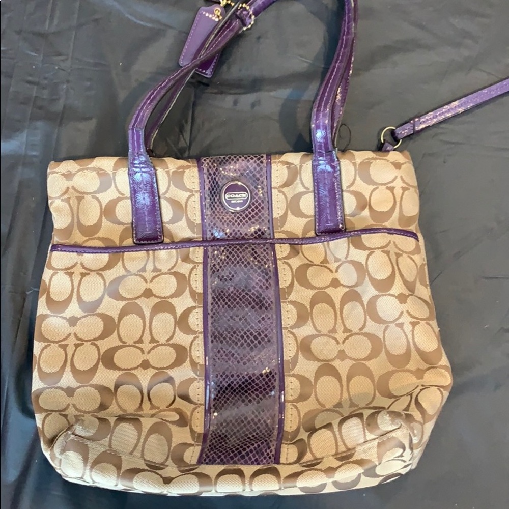 Purple Coach signature Striped tote